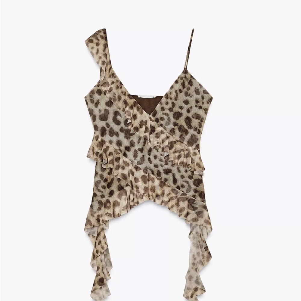 Leopard Print Ruffle Asymmetrical Sleeveless Top